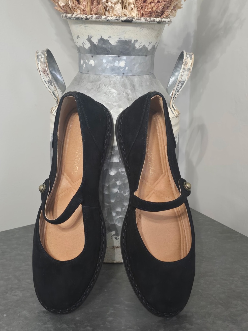 Crown Vintage Famela Black Suede Mary Jane Flats NWOB